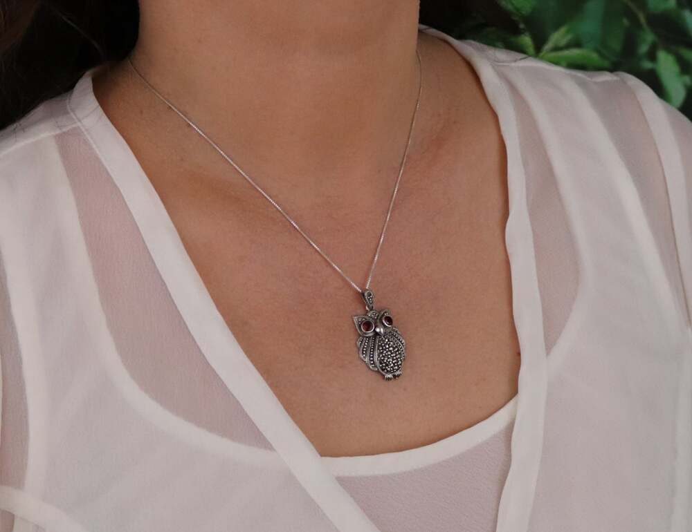 Pendant Only Sterling Silver Natural Garnet Marcasite Owl Pendant 1 1/4" x 3/4" - Picture 2 of 7